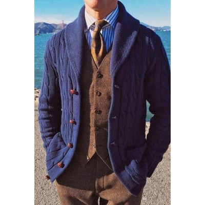 LONG-SLEEVED KNIT JACKET LAPEL BLUE CARDIGAN JACKET SWEATER